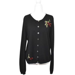 Francesca Rose Black Beaded Berries Cardigan Sweater Holiday Size L Button Up
